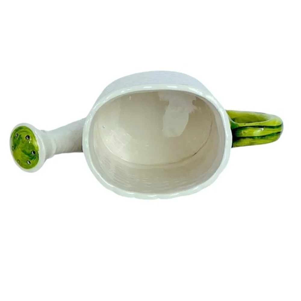 Vintage Basket Weave Ceramic Watering Can Planter Numbered Multi Use White Green